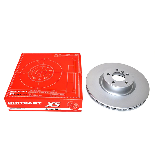 BRITPARTXS Front Vented Brake Disc, exact OEM specification, for Range Rover L322 4.4 TDV8 5.0 V8, shown with packaging and brake disc on a white background.
