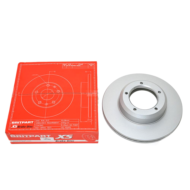 BRITPARTXS Vented Front Brake Disc for Defender, OEM - LR017952, showing a silver vented brake disc alongside its red packaging box.