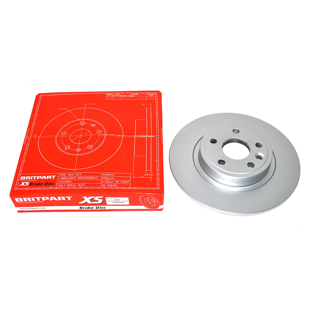 BRITPARTXS Rear Solid Brake Discs - Exact OEM Specification for Discovery Sport, image of a silver brake disc placed beside red packaging box with product details.