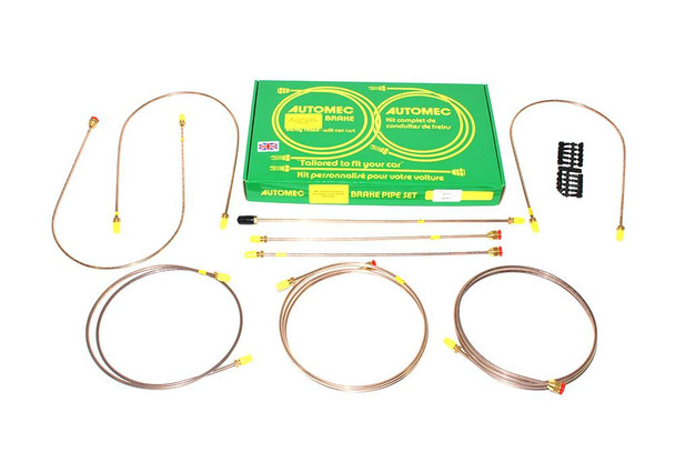 Britpart Right Hand Drive Ready Made Brake Pipe Set for Defender 90 1985-1991, image of a complete brake pipe set with copper pipes, yellow connectors, and black mounting clips displayed on a white background with the product packaging.