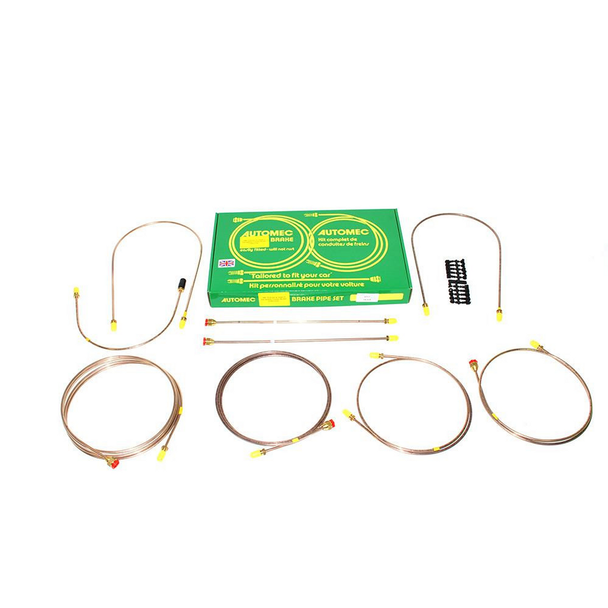 Britpart Ready Made Brake Pipe Set for Defender 90, automotive brake system brake pipe components and fittings laid out with green packaging box.