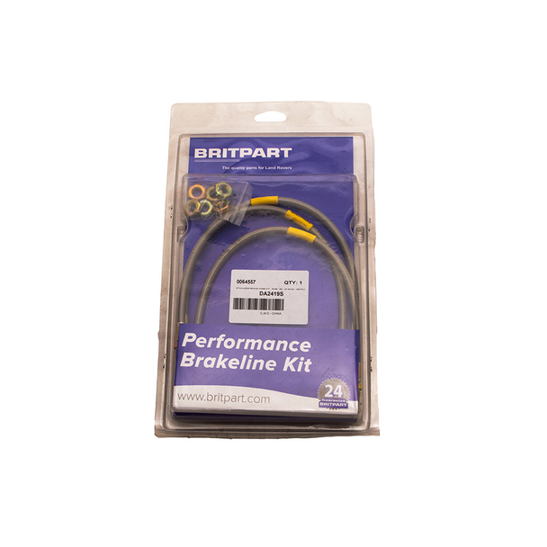 Britpart DA2419S Standard Length Stainless Steel Braided Brake Hose Kit, close-up image of stainless steel braided brake hoses with yellow protective sleeves and metal fittings.