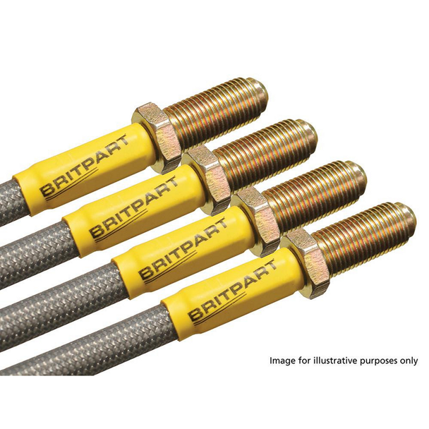Britpart DA2411S Standard Length Stainless Steel Braided Brake Hose Kit for Discovery 1 without ABS, close-up view of stainless steel braided brake hoses with yellow protectors and threaded fittings
