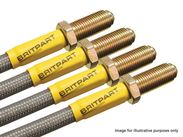 Britpart DA240140S Plus 40mm Extended Stainless Steel Braided Brake Hose Kit for Defender 90/110 1999-2004 Non-ABS, close-up of stainless steel braided brake hoses with yellow protective sleeves and metallic fittings.