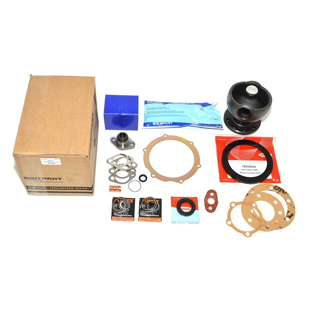 Product OEM Parts Swivel Housing Full Repair Kit OEM with ABS for Defender, showing various components including a black swivel housing, gaskets, seals, and hardware parts arranged on a white background for automotive repair.