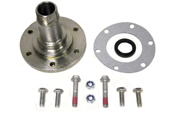 Direct Replacement Rear Stub Axle Kit for Defender 110 1994-1998, image showing metal axle hub with bolts, washers, and seal components for vehicle rear wheel assembly repair. Direct Replacement Rear Stub Axle Kit for Defender 110 1994-1998, image showing metal axle hub with bolts, washers, and seal components for vehicle rear wheel assembly repair.