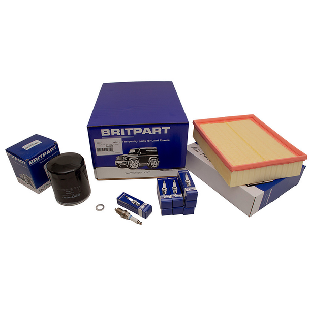 Britpart Engine Service Filter Kit for Discovery 2 V8 4.0, includes air filter, fuel filter, oil filter, and service accessories for Land Rover Discovery 2 V8 4.0.