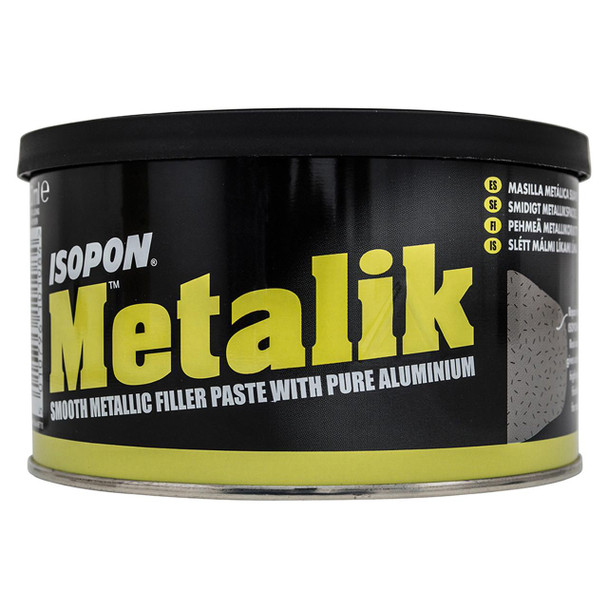 ISOPON Metalik Body Filler Paste, black round container with yellow and white text and a metal filling illustration.
