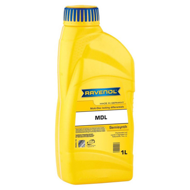 Ravenol 1L Semi Synthetic MDL Differential Oil - LR019727, yellow plastic bottle with blue cap and black, white, and yellow label design. Ravenol 1L Semi Synthetic MDL Differential Oil - LR019727, yellow plastic bottle with blue cap and black, white, and yellow label design.