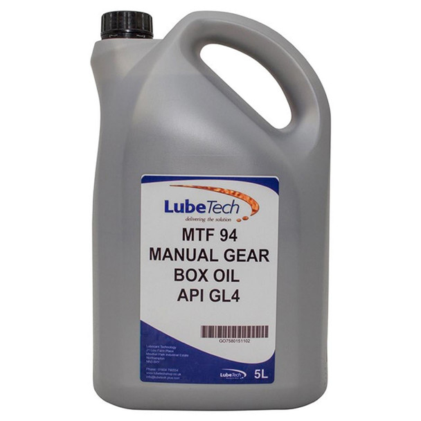LUBETECH  MTF94 Manual Transmission Fluid Oil 5 Litre for BMW Mini, grey plastic jerry can with black cap and label indicating product details. LUBETECH  MTF94 Manual Transmission Fluid Oil 5 Litre for BMW Mini, grey plastic jerry can with black cap and label indicating product details.