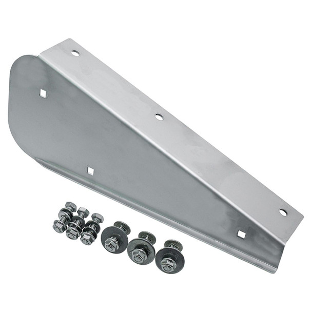 Britpart Stainless Steel Rear Left Mud Flap Bracket for Defender 90 (1986-2016), image shows durable stainless steel mud flap bracket with mounting screws and washers.