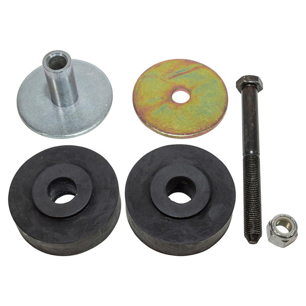 Britpart Body Mounting Kit for Discovery 1 & Range Rover Classic, includes rubber mounting bushes, metal washers, a bolt, and a nut for vehicle suspension repair.