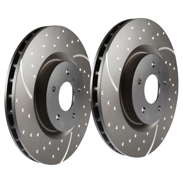 EBC Brakes Front Brake Disc Set for Range Rover L322, image of two high-performance perforated brake discs with ventilated design for improved cooling and braking efficiency. EBC Brakes Front Brake Disc Set for Range Rover L322, image of two high-performance perforated brake discs with ventilated design for improved cooling and braking efficiency.
