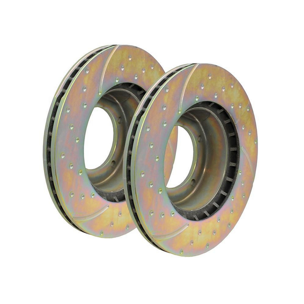 EBC Brakes Drilled and Grooved Rear Brake Disc set for Freelander 2, front view of high-performance automotive brake discs.
