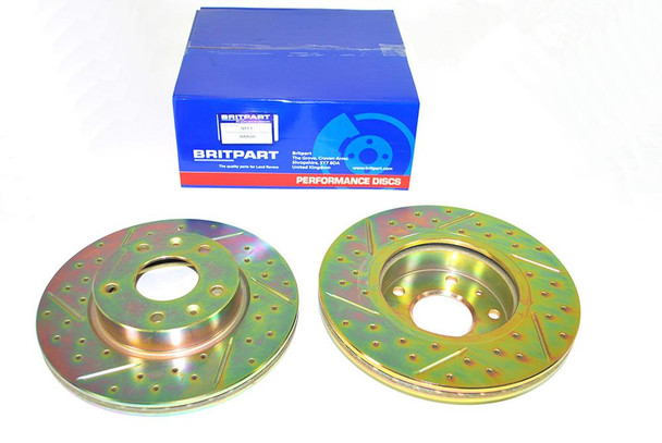 Britpart Freelander 1 Front Vented Brake Discs Drilled and Grooved Performance Upgrade, high-performance brake discs with drilled and grooved design for improved braking efficiency. Britpart Freelander 1 Front Vented Brake Discs Drilled and Grooved Performance Upgrade, high-performance brake discs with drilled and grooved design for improved braking efficiency.