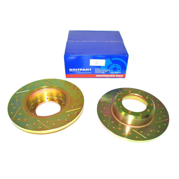 Britpart Rear Solid Brake Discs Drilled and Grooved Performance Upgrade for Defender 110, image showing two shiny, drilled and grooved brake discs with a blue box in the background.