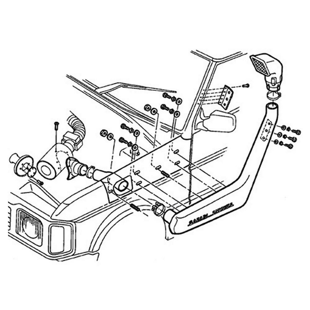 Safari Raised Air Intake Snorkel Kit for Discovery 1 V8, 1990-1994, Left Hand Side Fitment, illustration of snorkel installation on vehicle.