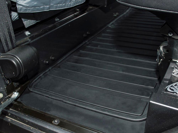 Direct Replacement Rubber Mat Set for 2ND Row Seats Defender 110, black rubber mats installed in vehicle for second-row seat protection and comfort.