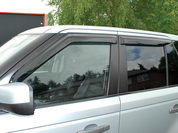 Britpart 4 Piece Window Wind Deflector Set for Range Rover Sport L320, installed on vehicle windows for wind and noise reduction.