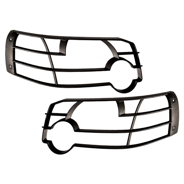 Product: Direct Replacement Front Lamp Guard Pair for Freelander 1, black protective front lamp guards for vehicle headlights.