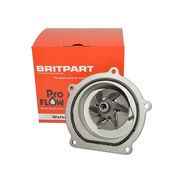 PROFLOW Freelander 1 2.0TD XS Water Pump OE Quality, automotive water pump with metal impeller and gasket, shown with packaging in the background.