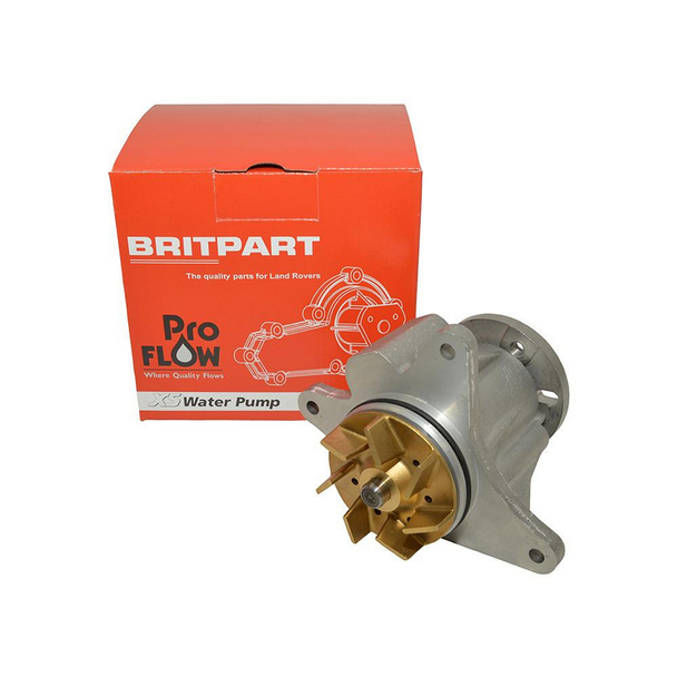 PROFLOW XS Water Pump OE Quality for Discovery4/Range Rover Sport 3.0TDV6, engine water pump with metallic components and gold-coloured impeller, in front of its red package box.
