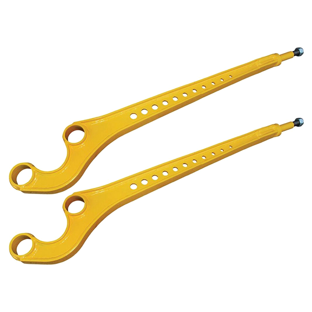 Britpart Heavy-Duty 3-Degree Castor Corrected Front Radius Arms Wide Bush for Discovery 1, yellow heavy-duty suspension components with multiple holes for adjustable fit.