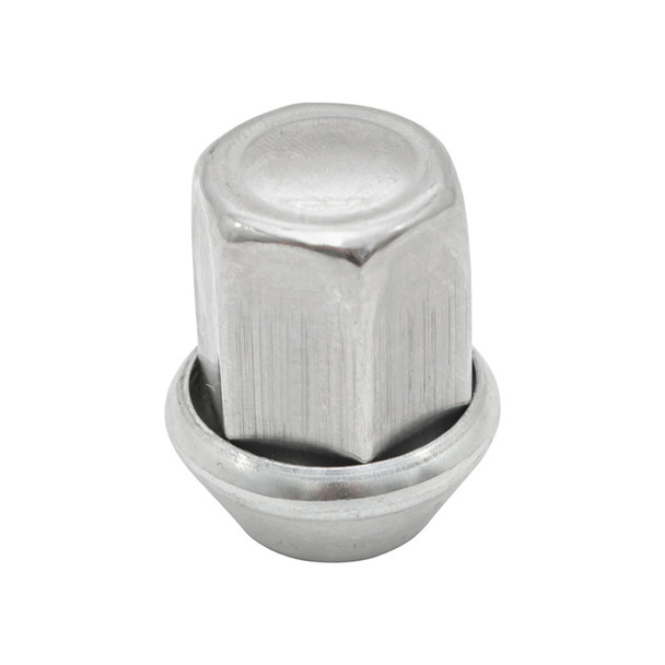 Product: Direct Replacement Alloy Wheel Nut for Freelander 2, Discovery Sport, Range Rover Evoque, and Range Rover Velar, close-up image of a shiny silver alloy wheel nut.