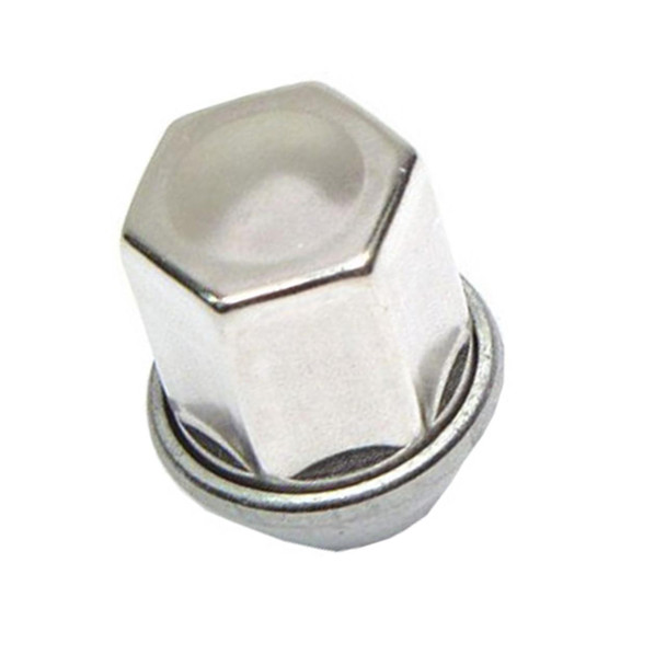 Product: Direct Replacement Alloy Wheel Nut for Freelander 2, Discovery Sport, Range Rover Evoque, and Range Rover Velar, close-up image of a shiny silver alloy wheel nut.