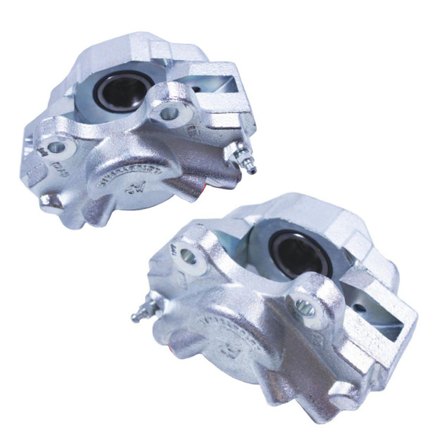 Direct Replacement Rear Brake Caliper Pair for Defender 110/130, fresh silver-coloured calipers designed for vehicle braking system. Direct Replacement Rear Brake Caliper Pair for Defender 110/130, fresh silver-coloured calipers designed for vehicle braking system.