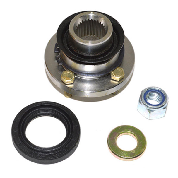 Direct Replacement Transfer Box Front Output Drive Flange for Defender 300tdi, td5, 2.4/2.2 Tdci, image of automotive car part with flange, seal, nut, and washer for vehicle repair.