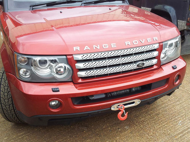 Britpart Discrete Recovery Winch Mount for Range Rover Sport, red vehicle front view showing the winch mount mounted on the front bumper with a red hook.