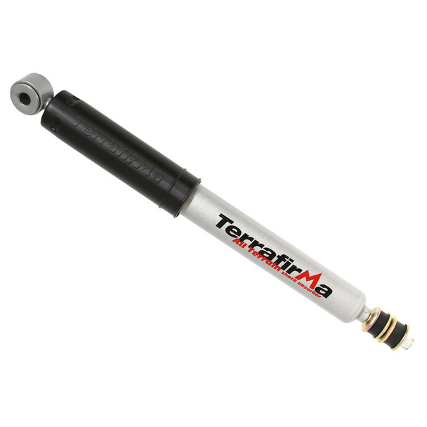 Terrafirma Defender / Discovery 1 All-Terrain Rear Shock Absorber, black and silver shock absorber with mounting hardware and the Terrafirma logo