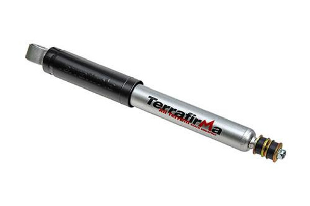 Terrafirma Defender / Discovery 1 All-Terrain Rear Shock Absorber, black and silver shock absorber with mounting hardware and the Terrafirma logo Terrafirma Defender / Discovery 1 All-Terrain Rear Shock Absorber, black and silver shock absorber with mounting hardware and the Terrafirma logo