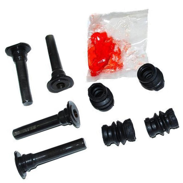 Direct Replacement Front Brake Caliper Guide Pin Kit for Discovery 2, an image showing black guide pins, rubber boots, and a small bag of red grease for brake maintenance.