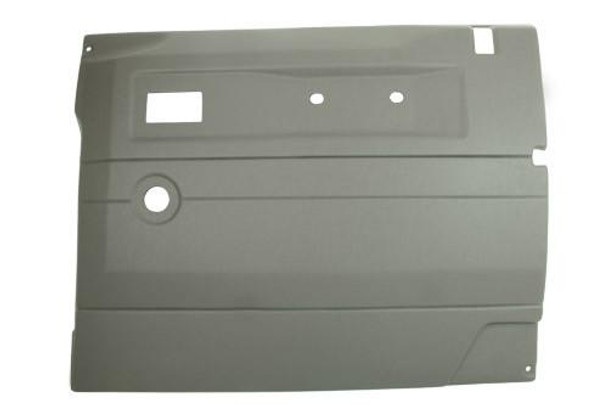 Terrafirma Defender Light Grey Front Right Hand Door Card for Push Button & Manual Windows, automotive interior panel with cutouts for door handle and window controls. Terrafirma Defender Light Grey Front Right Hand Door Card for Push Button & Manual Windows, automotive interior panel with cutouts for door handle and window controls.