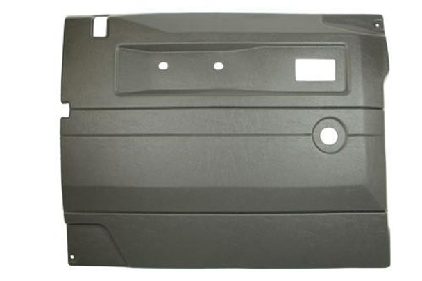 Terrafirma Defender Dark Grey Front Left Hand Door Card For Push Button & Manual Windows, front left door panel with cutouts for handles and window controls. Terrafirma Defender Dark Grey Front Left Hand Door Card For Push Button & Manual Windows, front left door panel with cutouts for handles and window controls.