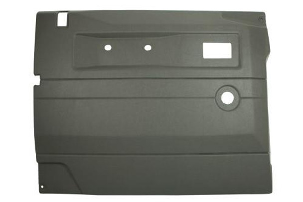 Terrafirma Defender Light Grey Front Left Hand Door Card for Push Button & Manual Windows, showing a grey door panel with cutouts and mounting points. Terrafirma Defender Light Grey Front Left Hand Door Card for Push Button & Manual Windows, showing a grey door panel with cutouts and mounting points.