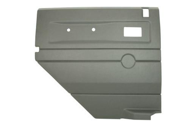 Terrafirma Defender Light Grey Rear Left Hand Door Card for Push Button & Electric Windows, car door interior panel with mounting holes and design features. Terrafirma Defender Light Grey Rear Left Hand Door Card for Push Button & Electric Windows, car door interior panel with mounting holes and design features.