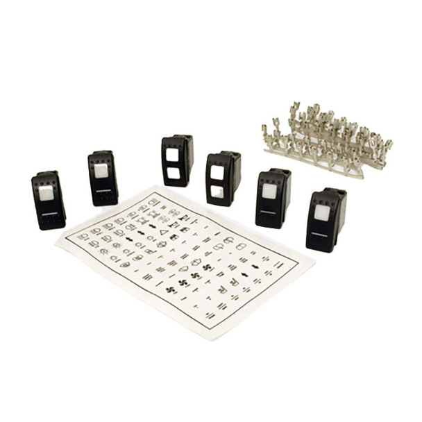 Terrafirma Defender Centre Console Switch Kit, including five black switch panels with white buttons, a sheet of symbols and labels, and accompanying connectors for vehicle customization.