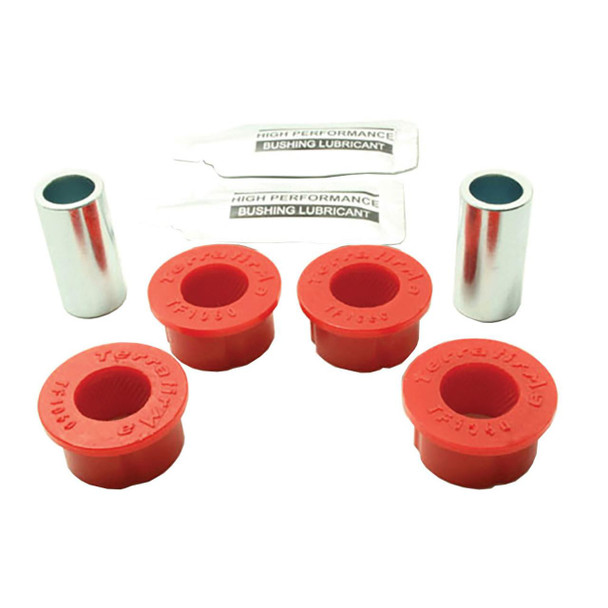 Terrafirma Front Panhard Rod Bush Kit Late Type (RBX101340), image of red bushings and metal sleeves for vehicle suspension. Terrafirma Front Panhard Rod Bush Kit Late Type (RBX101340), image of red bushings and metal sleeves for vehicle suspension.