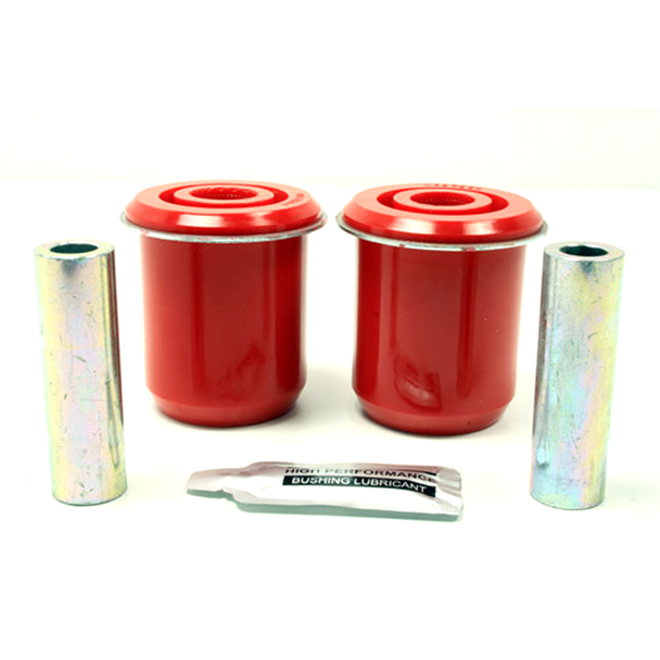 Terrafirma Rear Lower Suspension Arm Bush Front (LR051611), image showing two red rubber bushings with metal sleeves and a tube of lubricating grease for vehicle suspension maintenance.