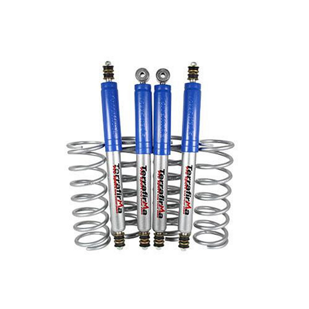 Terrafirma Defender 110/130 Pro-Sport Heavy Load Suspension Kit, image showing four blue shock absorbers with coil springs designed for heavy-duty off-road performance.