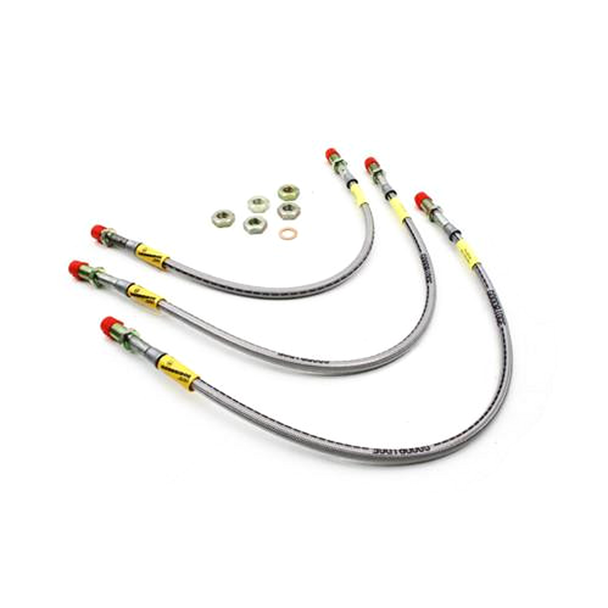 Goodridge 2" Extended Braided Brake Hose Kit for Defender 90, flexible braided brake hoses with metal fittings and nuts for vehicle upgrade.