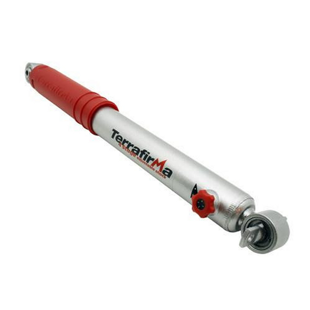 Terrafirma Discovery 2 4-Stage Adjustable Front Shock Absorber Plus 3 inches, silver and red shock absorber with adjustable knob and mounting eye