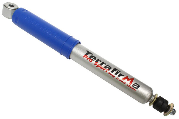 Terrafirma Pro-Sport Rear Shock Absorber for Defender & Discovery 1, image showing a close-up of the blue and silver shock absorber with branding on the body and metal mounting points on both ends.