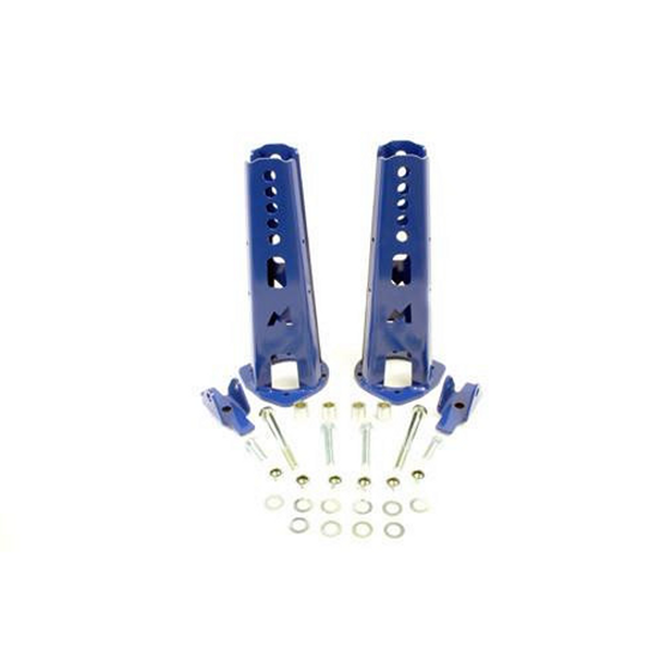 Terrafirma Defender/Discovery 1 Mega Sport Front Adjust Shock Mount Kit, blue shock mount brackets with mounting hardware and adjustable components for off-road vehicle suspension upgrade.