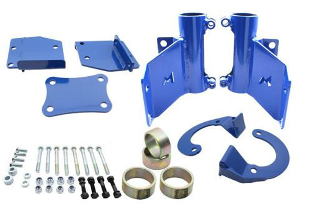 Terrafirma Defender/Discovery 1 Hydraulic Front Bump Stop Mounting Kit, image showing blue metal brackets, mounting plates, bolts, nuts, washers, and mounting hardware. Terrafirma Defender/Discovery 1 Hydraulic Front Bump Stop Mounting Kit, image showing blue metal brackets, mounting plates, bolts, nuts, washers, and mounting hardware.