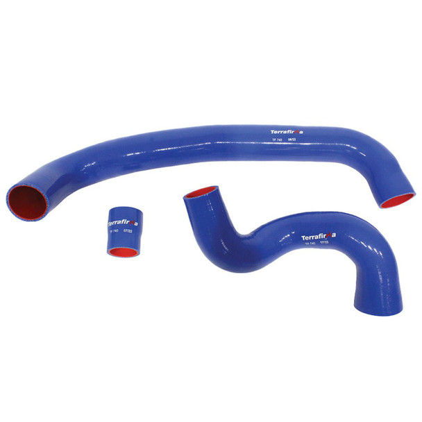 Terrafirma Silicone Intercooler Hose Kit for Discovery 3, 4, and Range Rover Sport 2.7 TDV6, blue silicone hoses with red interior, flexible and durable design.