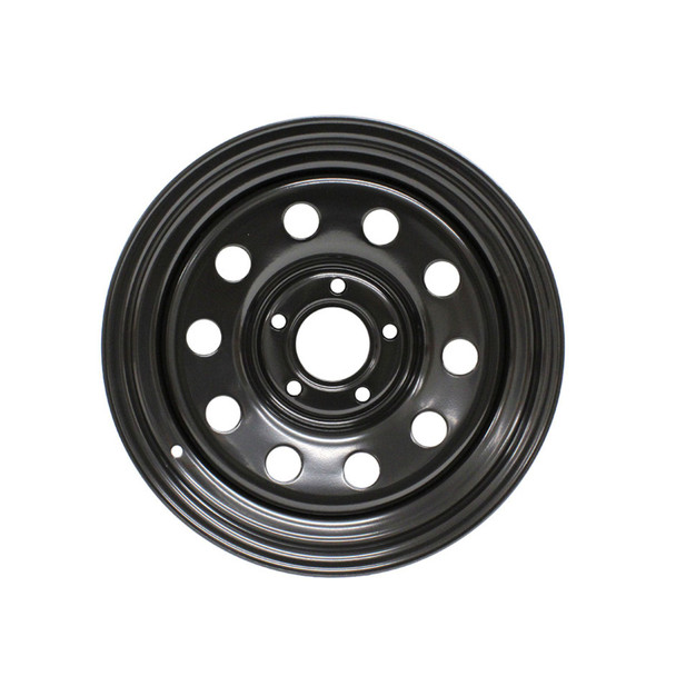 Terrafirma Black Modular 16-inch Steel Wheel for Discovery 2, black painted steel wheel with circular holes and a central mounting hole.